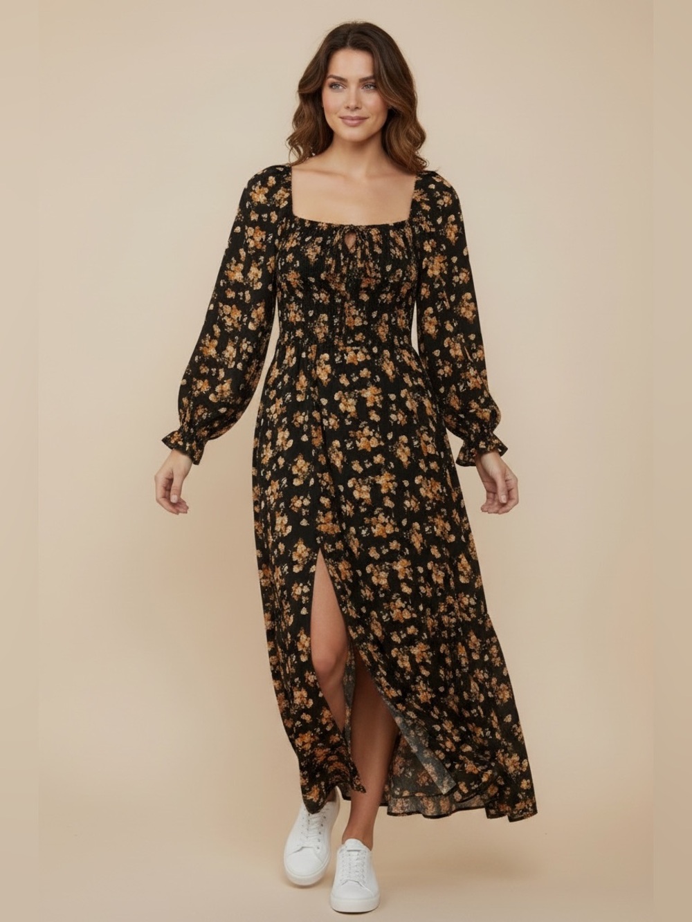 SHEIN Black Floral Square-Neck Long Sleeve Maxi Dress #87